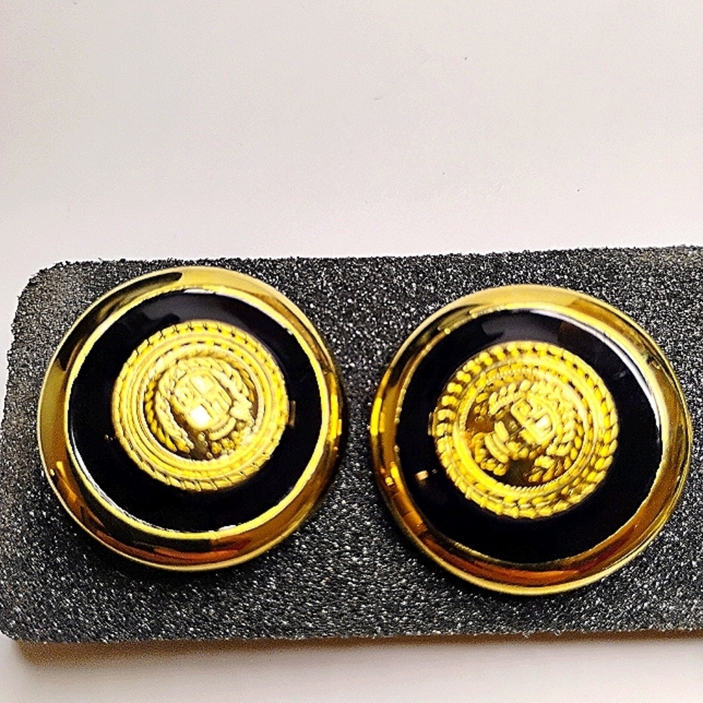 Vintage Liz Claiborne Earrings with Gold and Black Embossed Crest - Picture 2 of 3
